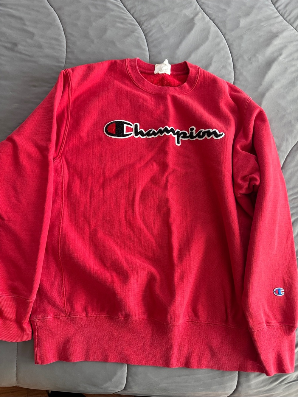 Champion Reverse Weave Red Crewneck Sweatshirt with Script Logo